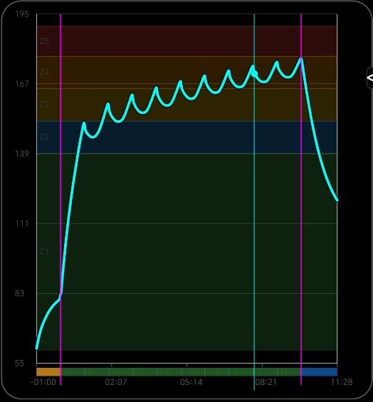 Modeled heart-rate response for ten progressively faster army-snatch intervals, showing ten rising peaks and recovery after the workout